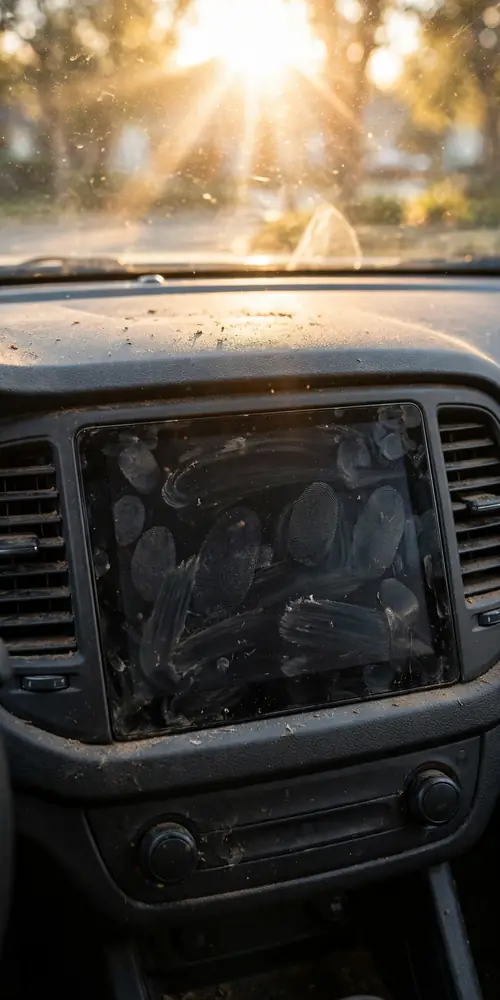 Car dashboard with a light layer of everyday dust and fingerprints