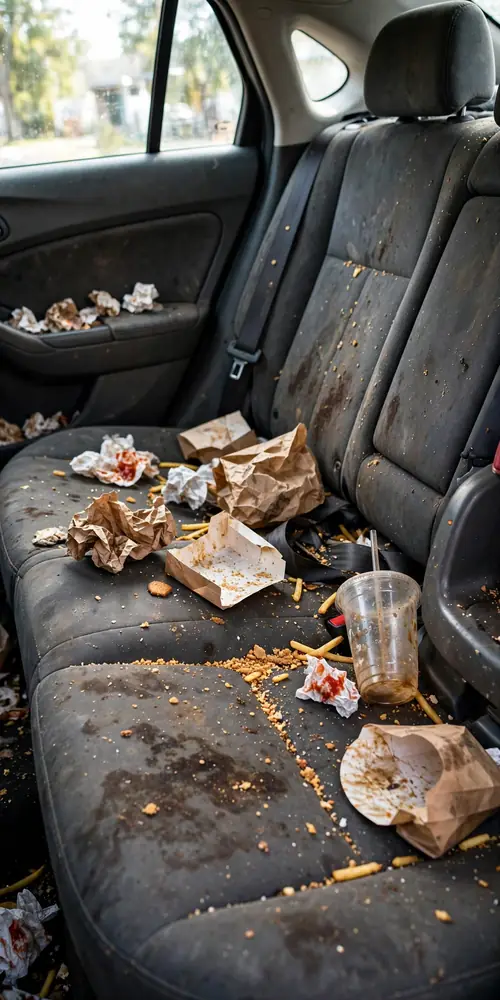 Car back seat covered in crumbs, wrappers and stains